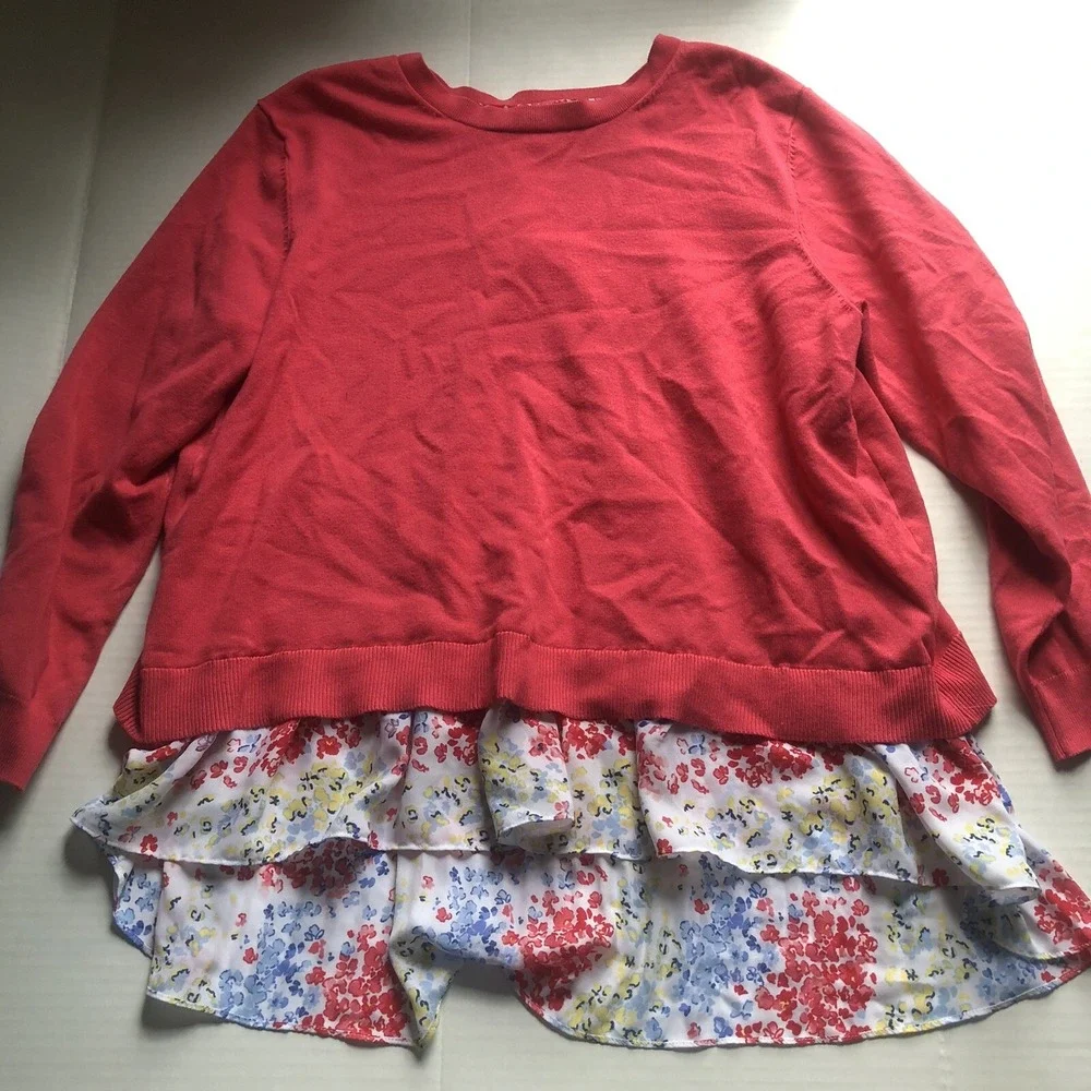 Time And Tru Pink Floral Shirt Detail Split Back Sweater Top Women's Sz XL A2443